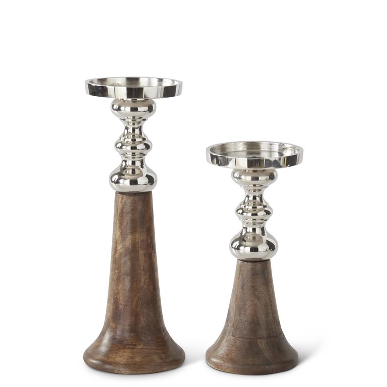 Mango Wood & Silver Metal Candleholder