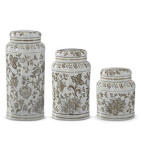Taupe & White Porcelain Chinoiserie Lidded Jar