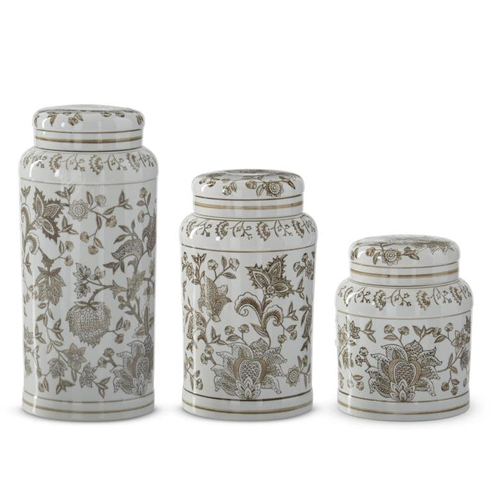 Taupe & White Porcelain Chinoiserie Lidded Jar