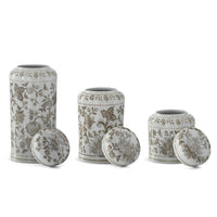 Taupe & White Porcelain Chinoiserie Lidded Jar