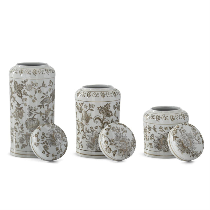Taupe & White Porcelain Chinoiserie Lidded Jar