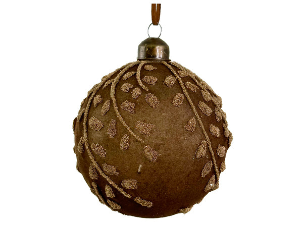 Velvet Textured Glass Ball Ornament with Gold Beads - Brown, 4"