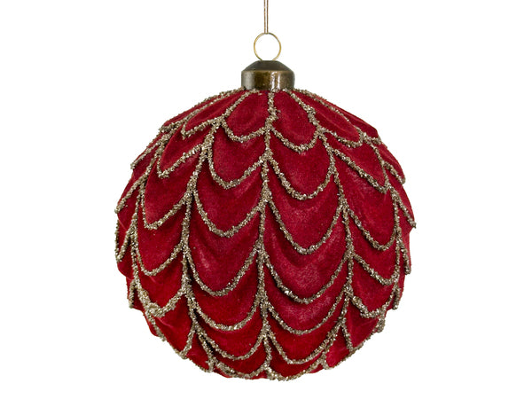 Velvet Textured Glass Ball Ornament with Silver Glitter Garland - Burgundy, 5"