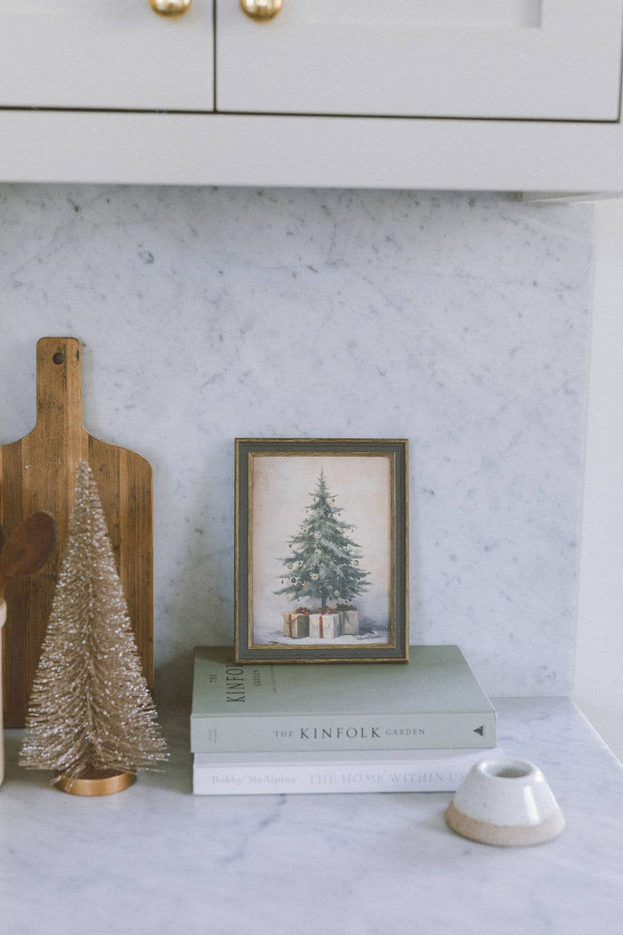 Christmas Tree with Presents Framed Antique Art - 7x9