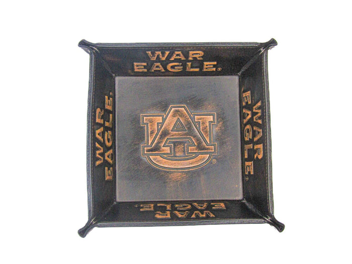 Auburn Tigers Men's Collegiate Valet Tray, Catch-all, Desk Organizer, Nightstand Tray. Brown Burnished Full Grain Leather Finish.