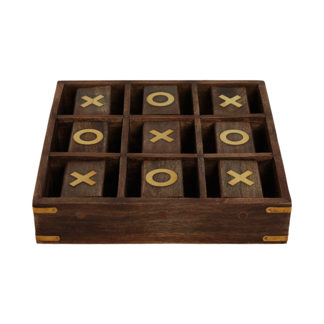 Board Game - Brown Wood/Metal Revolving Tic Tac Toe, 10 in.