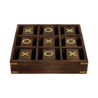 Board Game - Brown Wood/Metal Revolving Tic Tac Toe, 10 in.