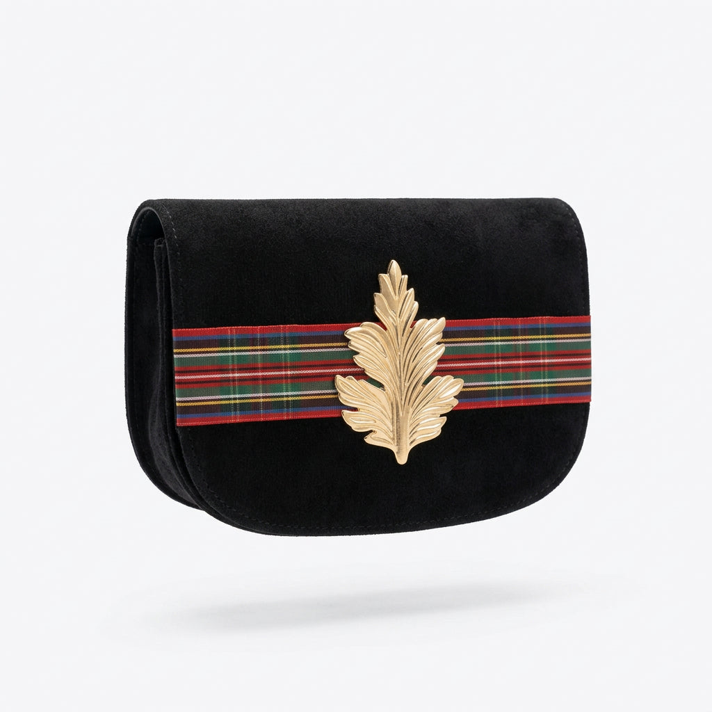 Black Suede Ivy Clutch - Multi Tartan Band w/Gold Leaf