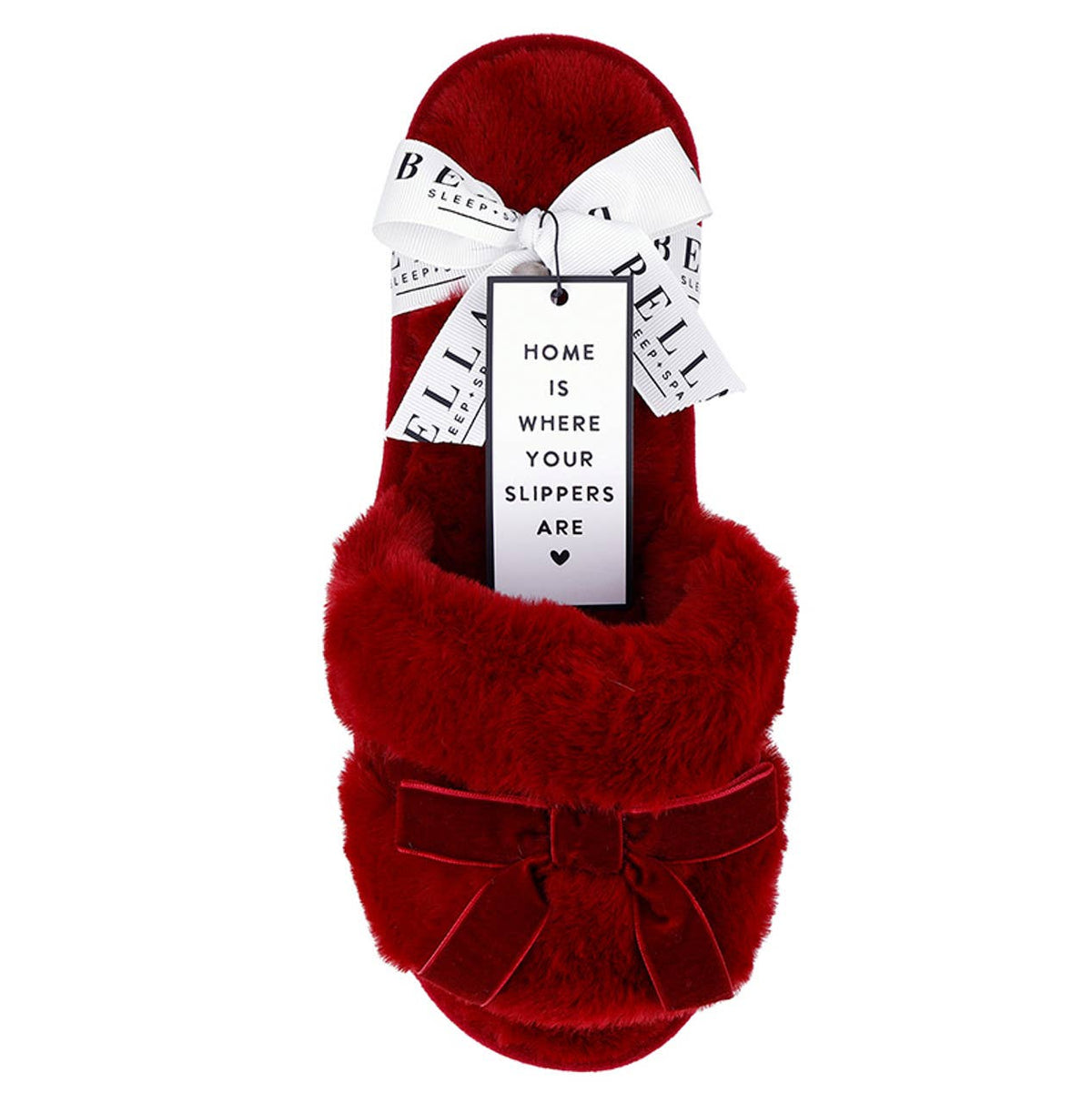 Plush Velvet Bow Slippers - Burgundy + Burgundy Velvet Bow