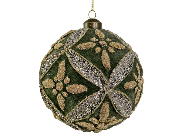 Velvet Textured Glass Ball Ornament with Gold Beads and Silver Glitter - Green, 5"