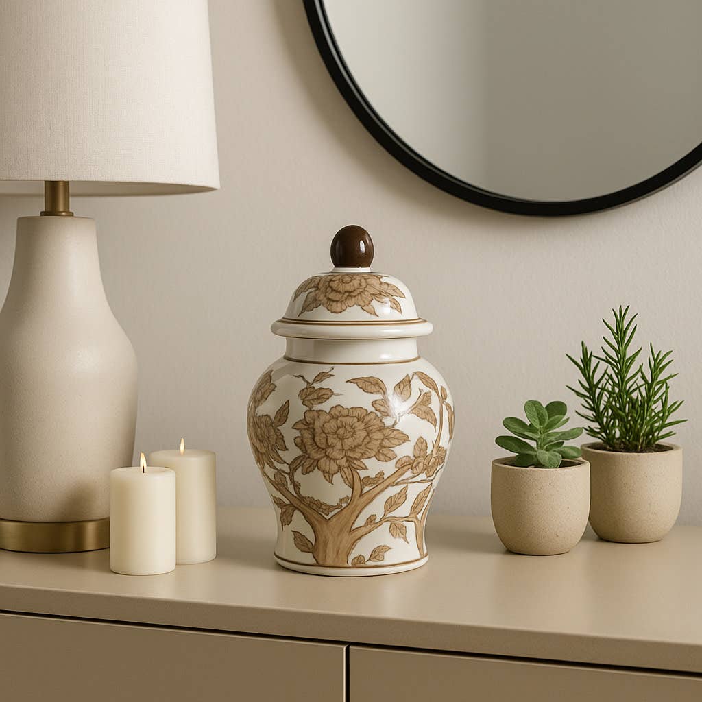 Brown & White Ceramic Tall Vessel with Lid, 8 in.