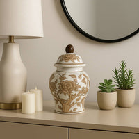 Brown & White Ceramic Tall Vessel with Lid, 8 in.