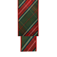 4" Wired Dupioni Ribbon | Red/Dark Green Plaid Bias Cut Double-Fused Red Backing | 5 Yds