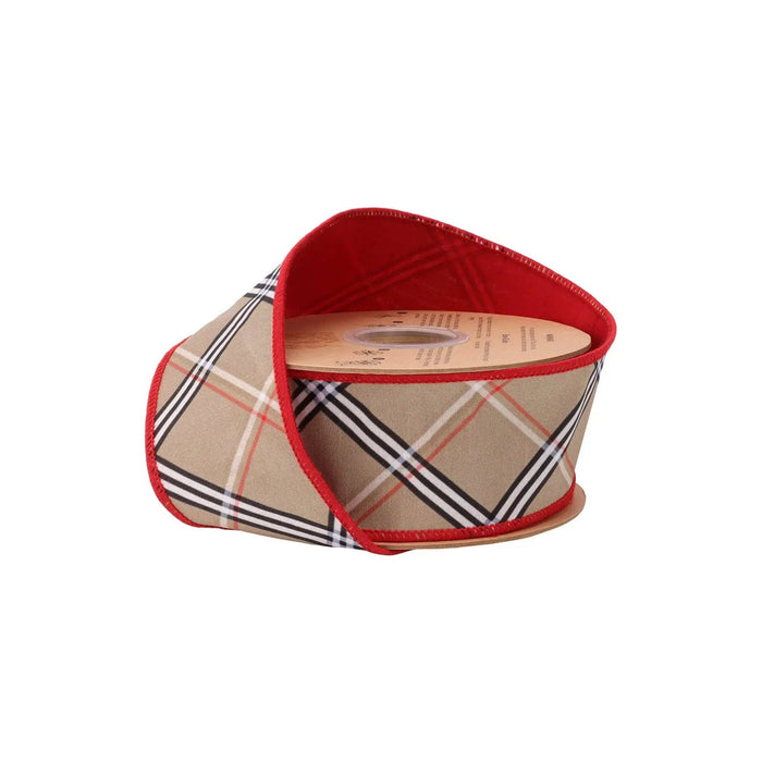 2 1/2" Wired Dupioni Ribbon | Beige Plaid w/ Red Backing | 10 Yds