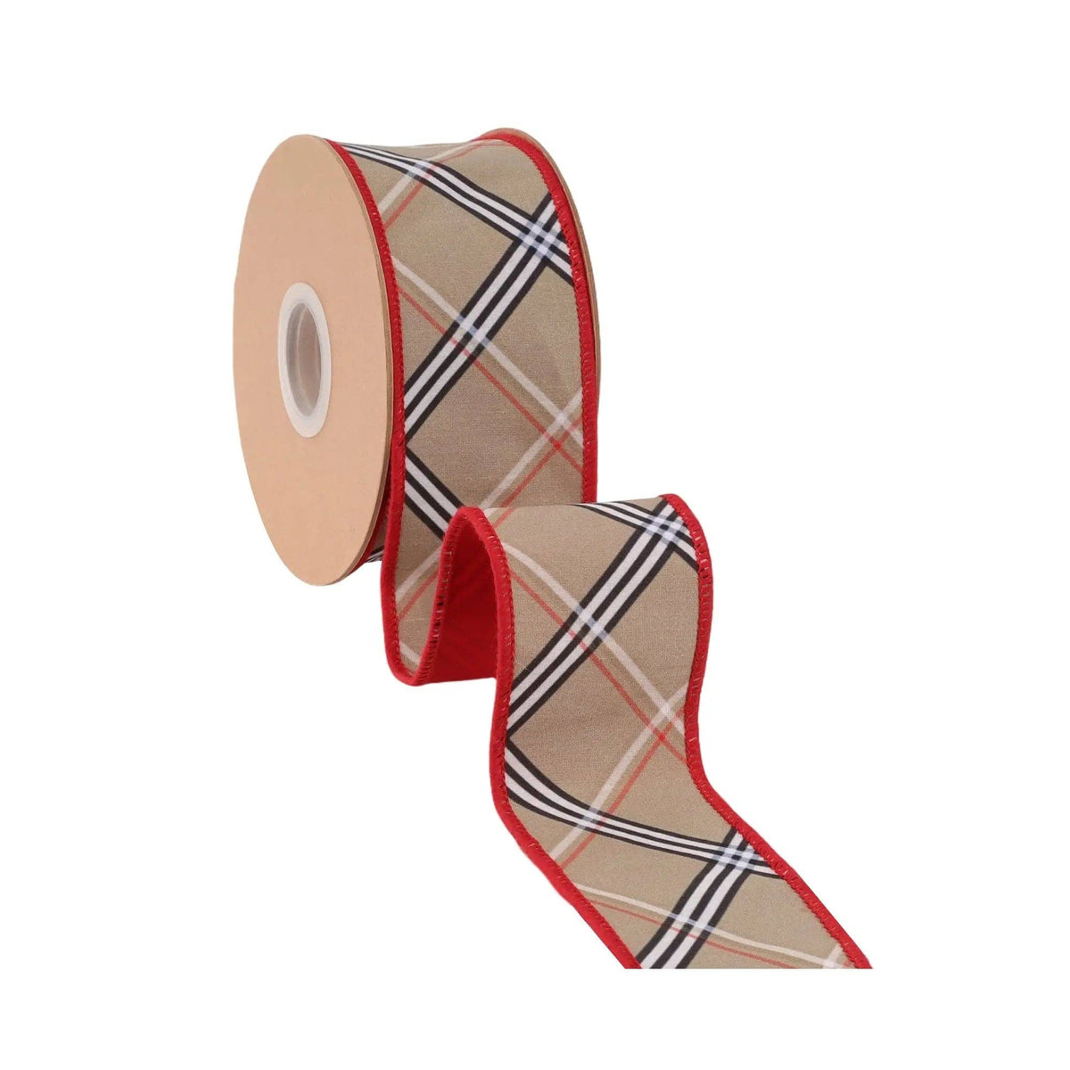 2 1/2" Wired Dupioni Ribbon | Beige Plaid w/ Red Backing | 10 Yds