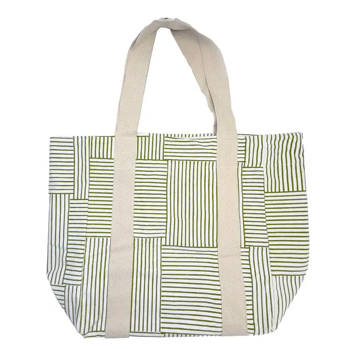 Handcrafted Canvas Bag with Block-Printed Green Stripes