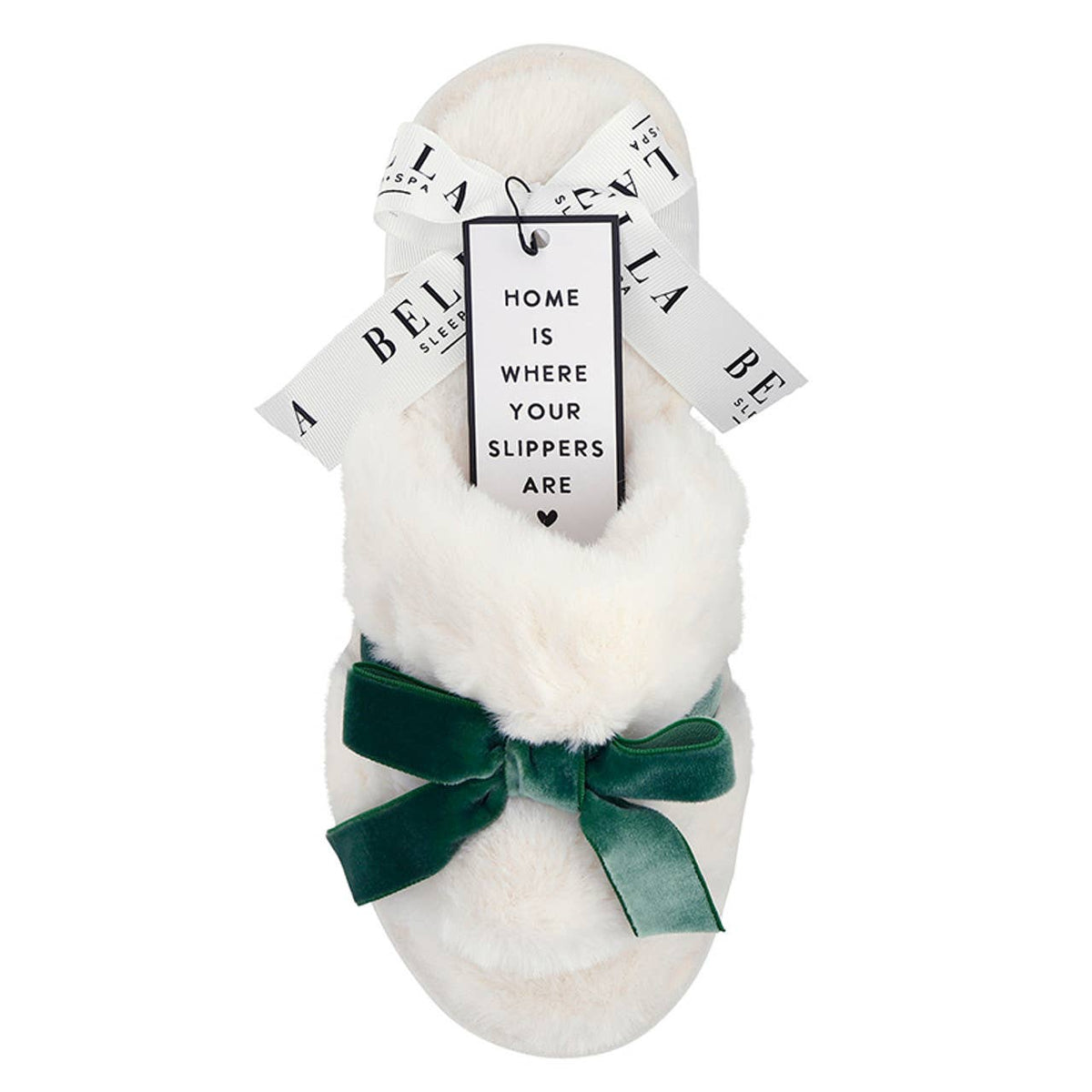 Plush Velvet Bow Slippers - Ivory + Forest Green Velvet Bow