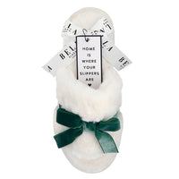 Plush Velvet Bow Slippers - Ivory + Forest Green Velvet Bow
