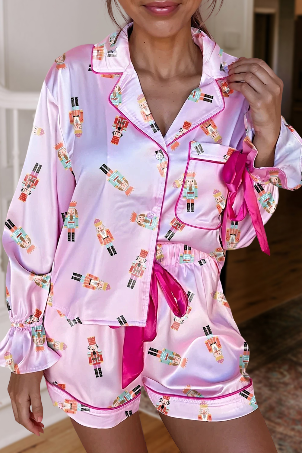 Nutcracker Print Bow Knot Silky Pajama Shorts Set