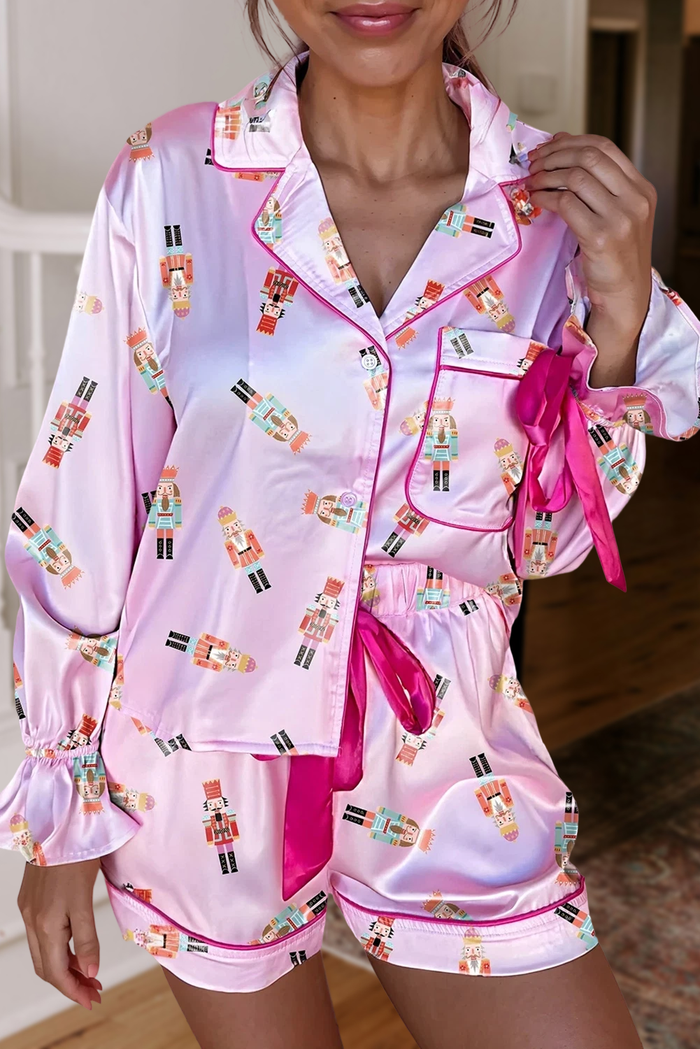 Nutcracker Print Bow Knot Silky Pajama Shorts Set