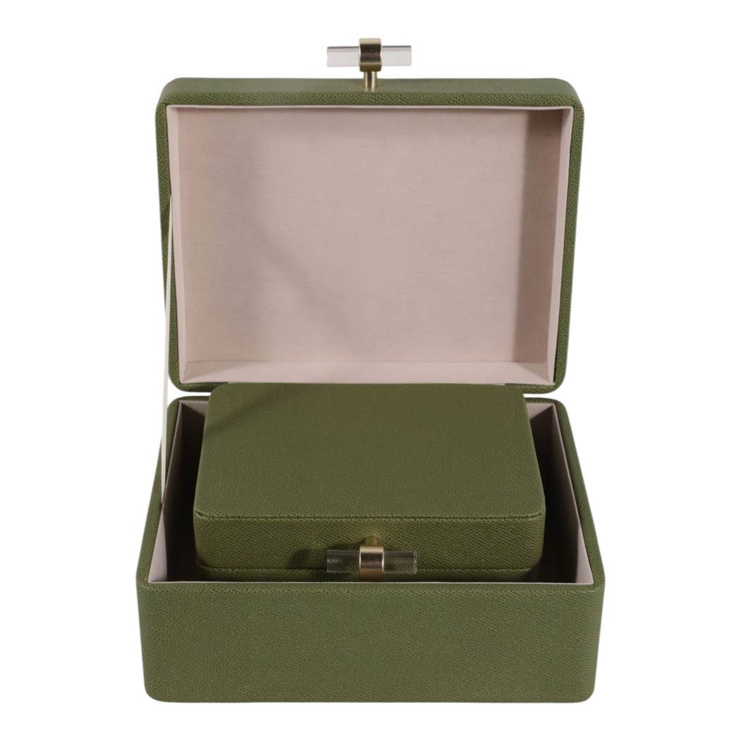 Green Decorative Box w/Acrylic & Gold Pull - Set of 2