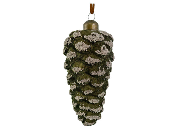 Velvet Textured Glass Pinecone Ornament with Silver Beads - Green, 5"