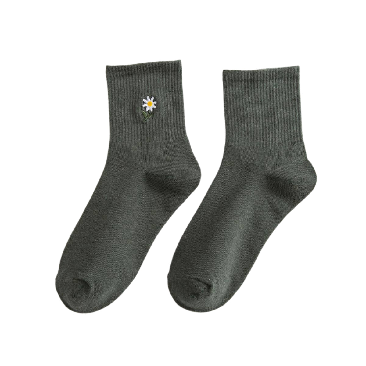 Crew Socks - Flower Embroidery - Green