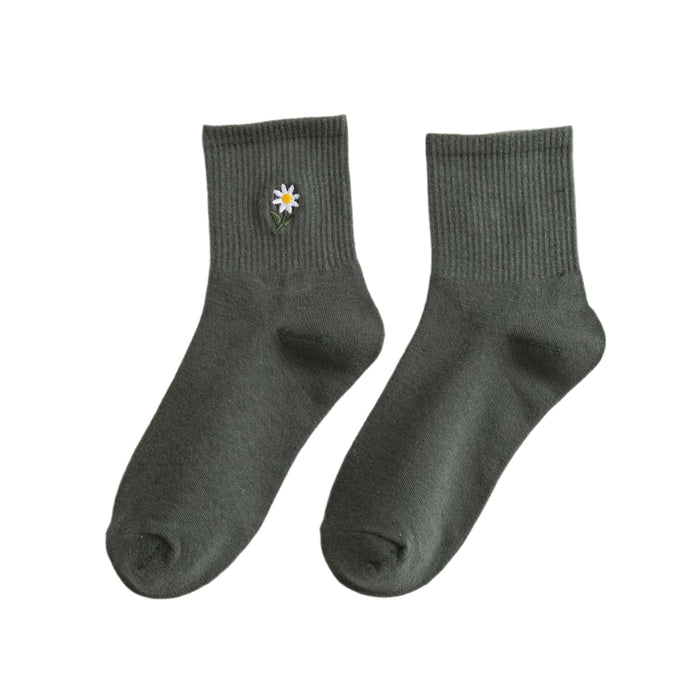 Crew Socks - Flower Embroidery - Green