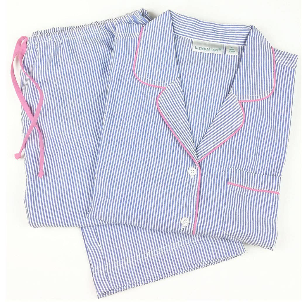 Blue Seersucker-Pink  Long Sleeve Pajamas