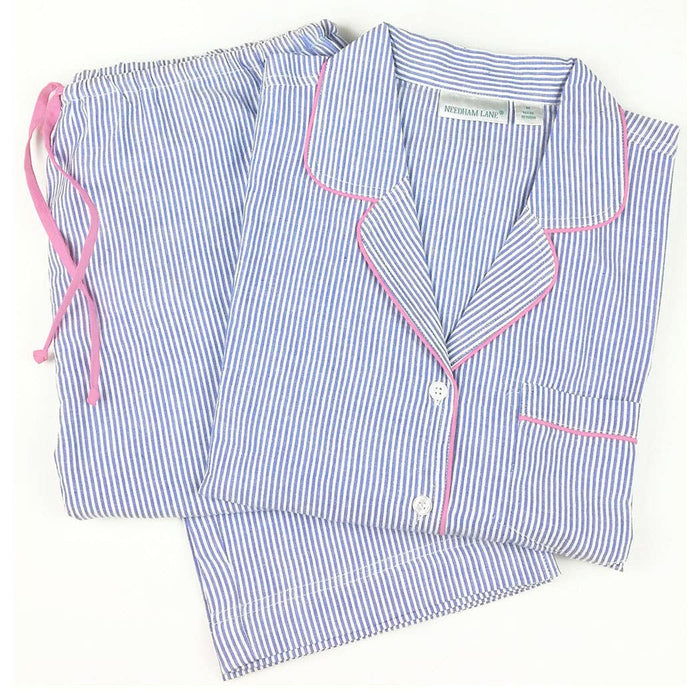 Blue Seersucker-Pink  Long Sleeve Pajamas