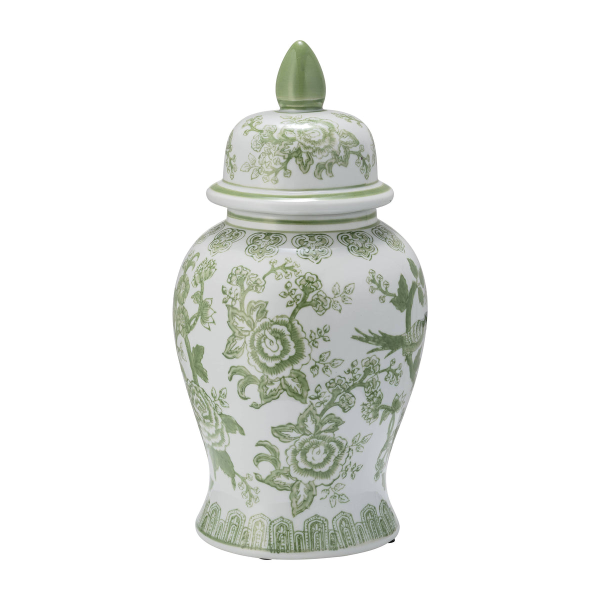 Green/White Floral Round Chinoiserie Vase, 14 in