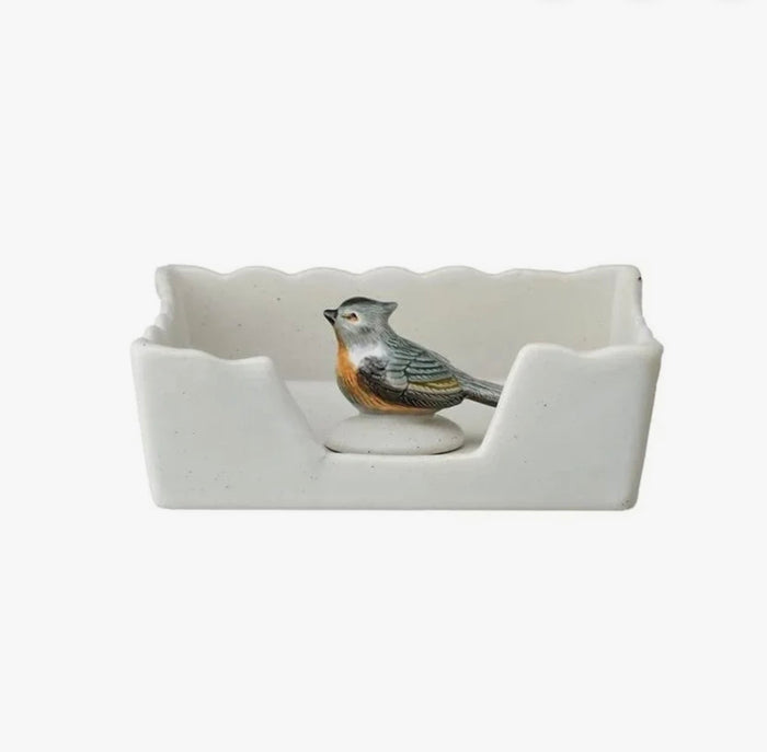 Stoneware Napkin Holder w/Blue Jay Napkin Weight