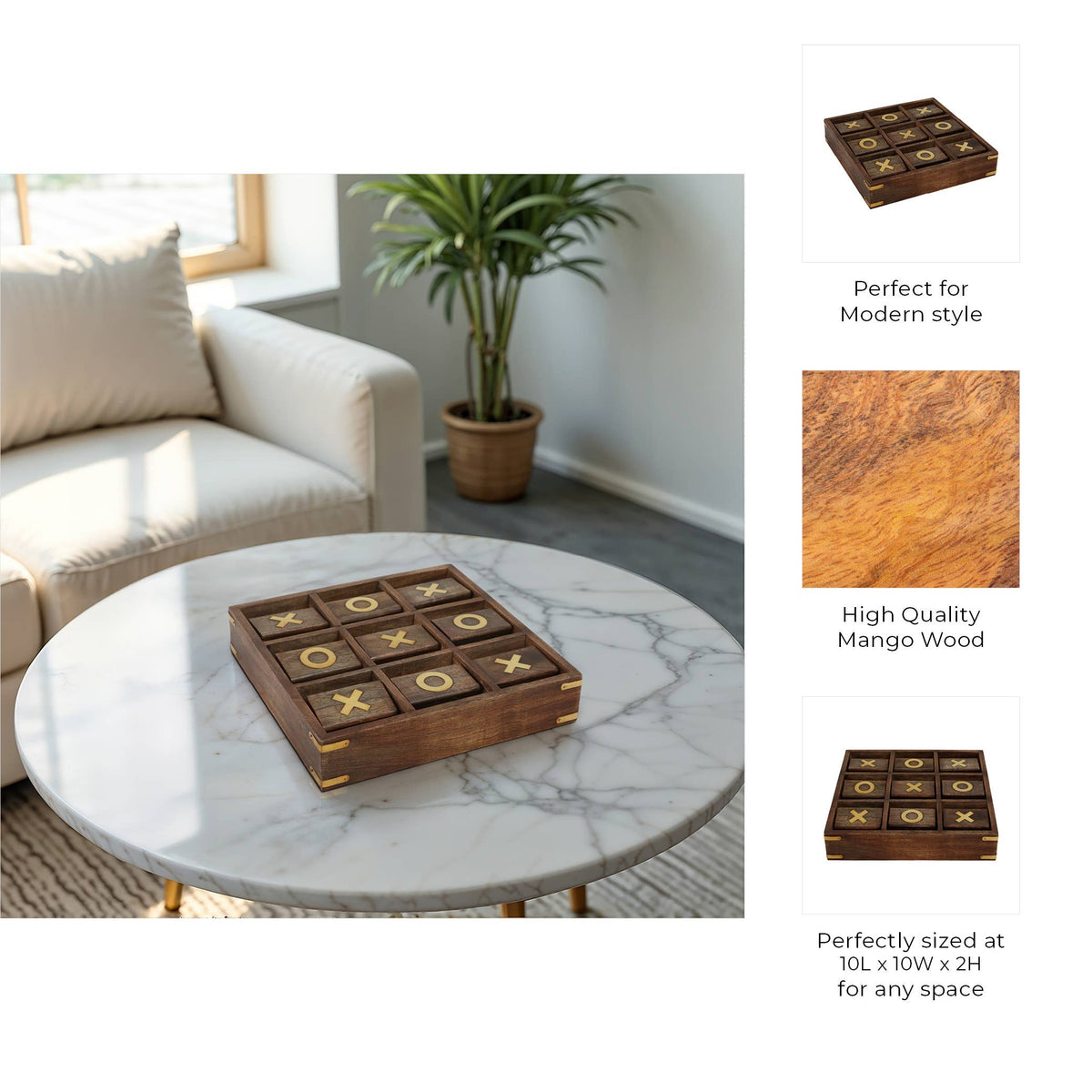 Board Game - Brown Wood/Metal Revolving Tic Tac Toe, 10 in.