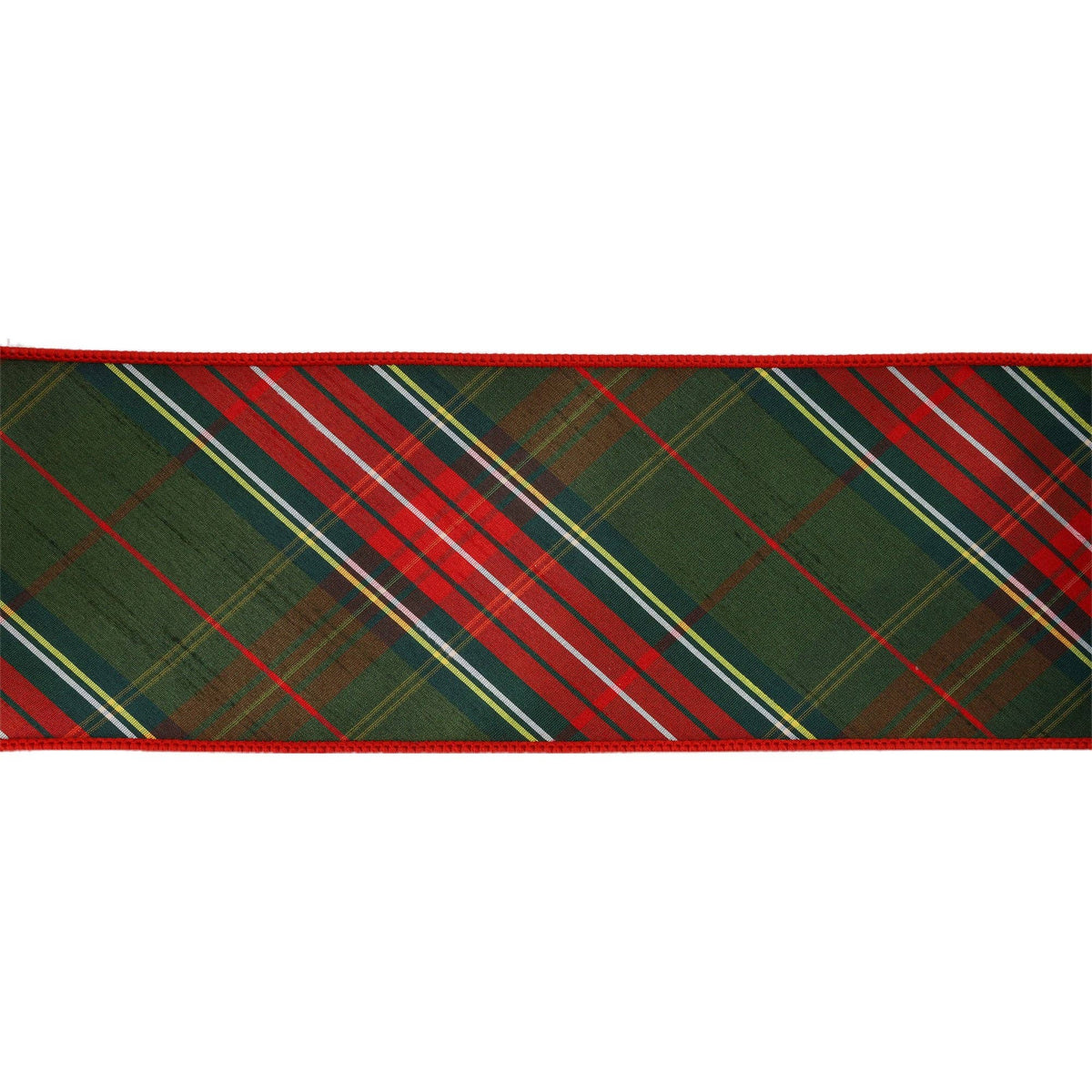 4" Wired Dupioni Ribbon | Red/Dark Green Plaid Bias Cut Double-Fused Red Backing | 5 Yds