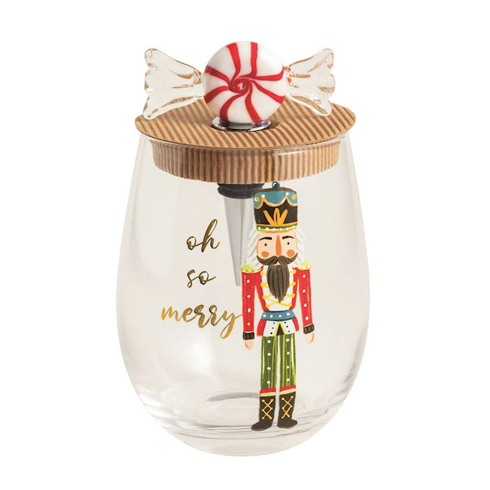 Peppermint Nutcracker Wine Glass & Stopper Set