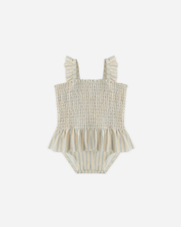 Smocked One-Piece Swimsuit - Blue + Butterscotch Stripe