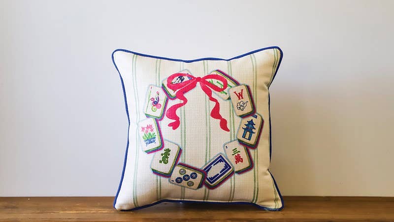 Mahjong Christmas Wreath Piped Pillow