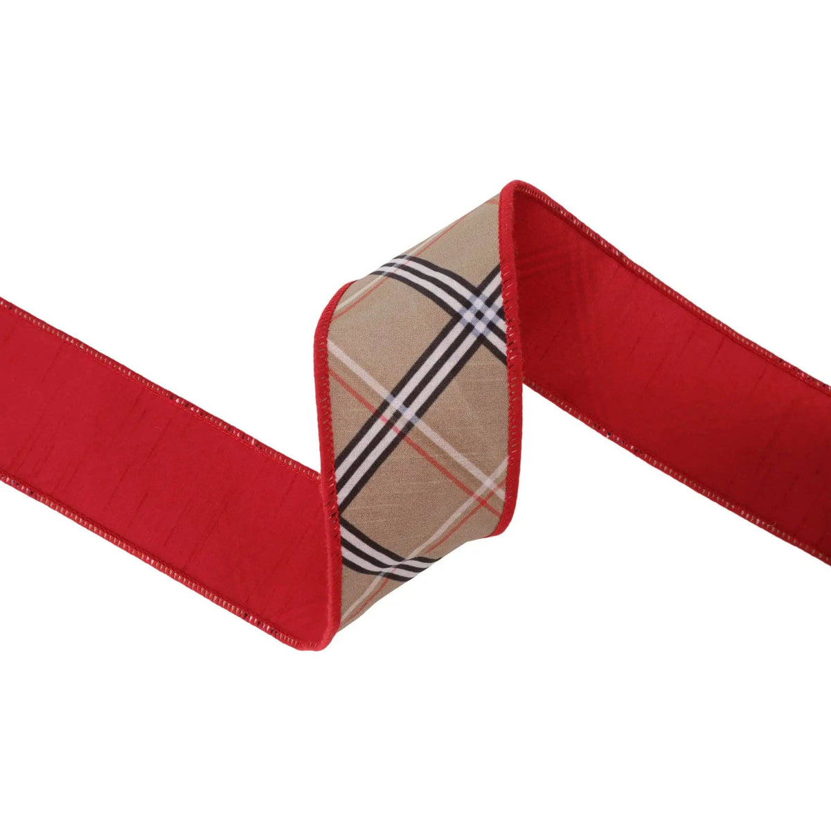 2 1/2" Wired Dupioni Ribbon | Beige Plaid w/ Red Backing | 10 Yds