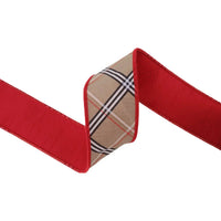 2 1/2" Wired Dupioni Ribbon | Beige Plaid w/ Red Backing | 10 Yds