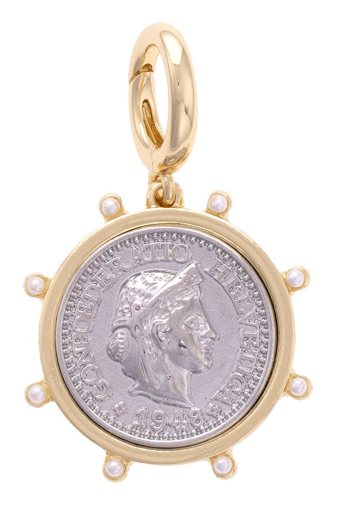 Studded Coin Pendant Charm in Shiny Two Tone