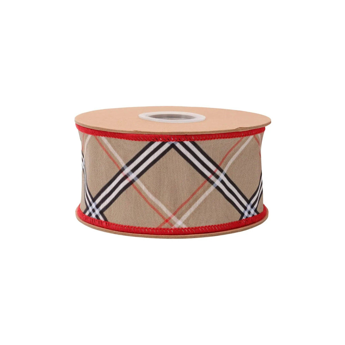 2 1/2" Wired Dupioni Ribbon | Beige Plaid w/ Red Backing | 10 Yds