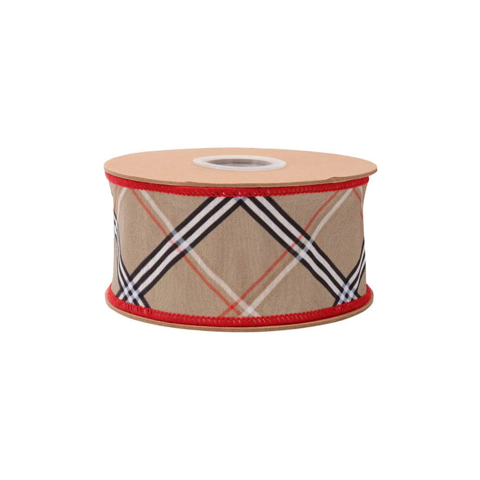 2 1/2" Wired Dupioni Ribbon | Beige Plaid w/ Red Backing | 10 Yds