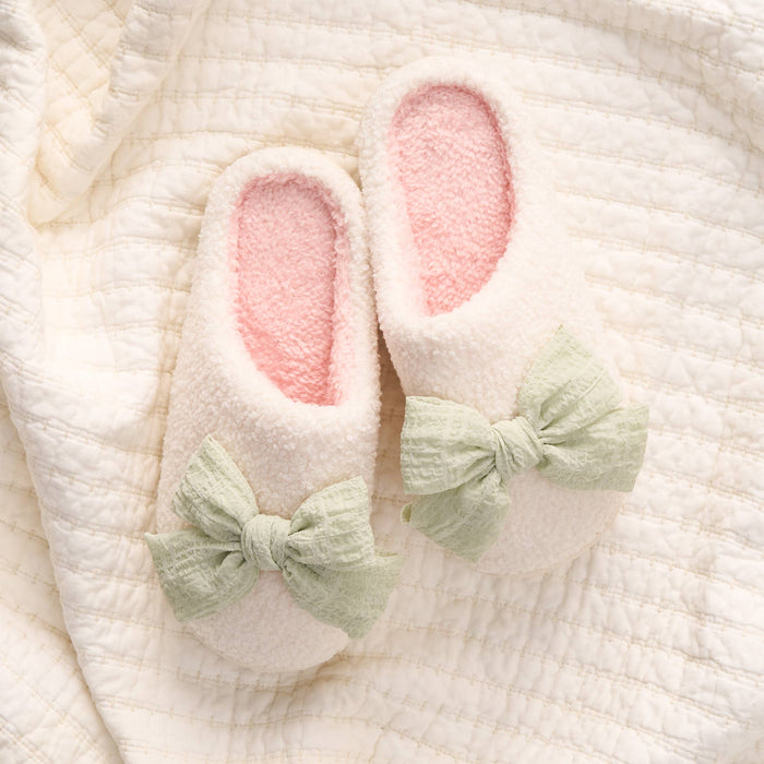 Fuzzy Slippers - Sage Bow