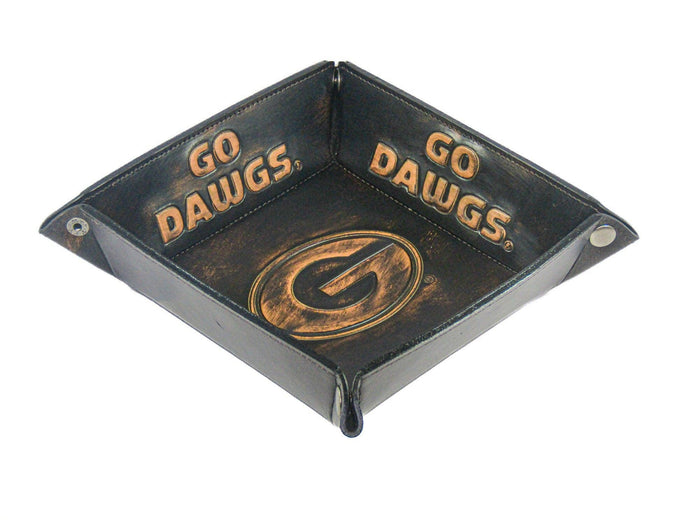 Georgia Bulldogs Men's Collegiate Valet Tray, Catch-all, Desk Organizer, Nightstand Tray. Brown Burnished Full Grain Leather Finish.