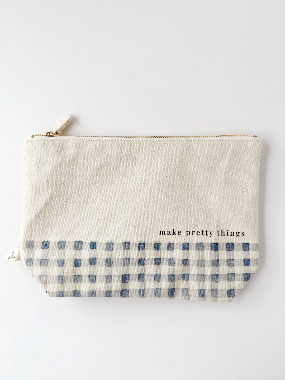 Canvas Zipper Pouch "make pretty things" - Gingham trim