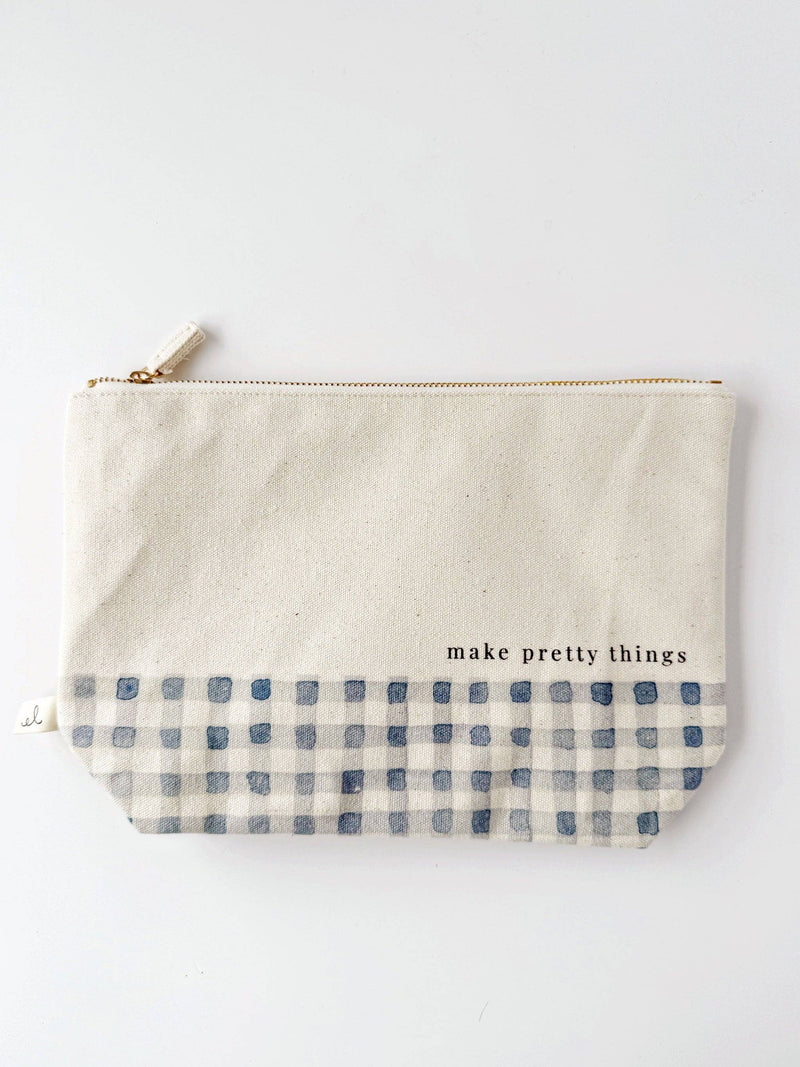 Canvas Zipper Pouch "make pretty things" - Gingham trim