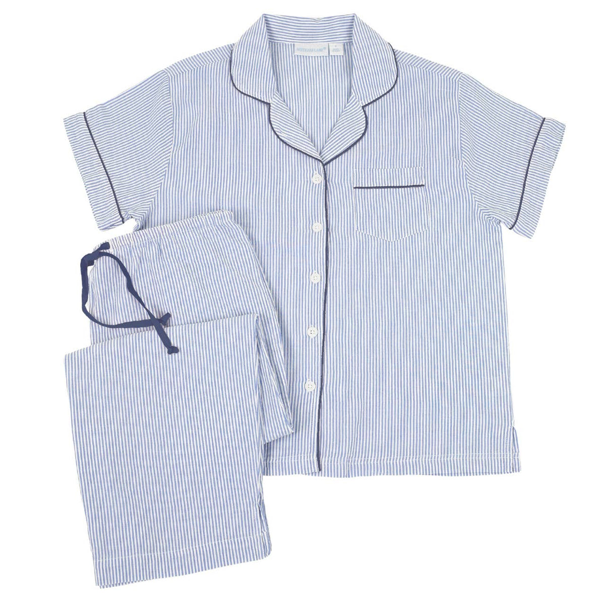 Blue Seersucker-Navy Short Sleeve Capri Pajamas