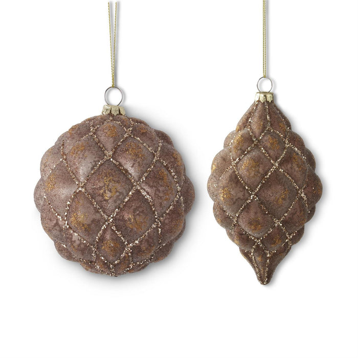 Glittered Brown Quilted Glass Ornaments