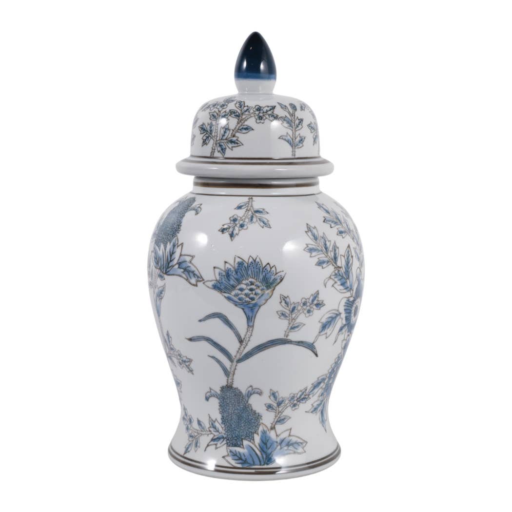 Decorative Jar - Blue/Brown Ceramic Floral Chinoiserie, 15in