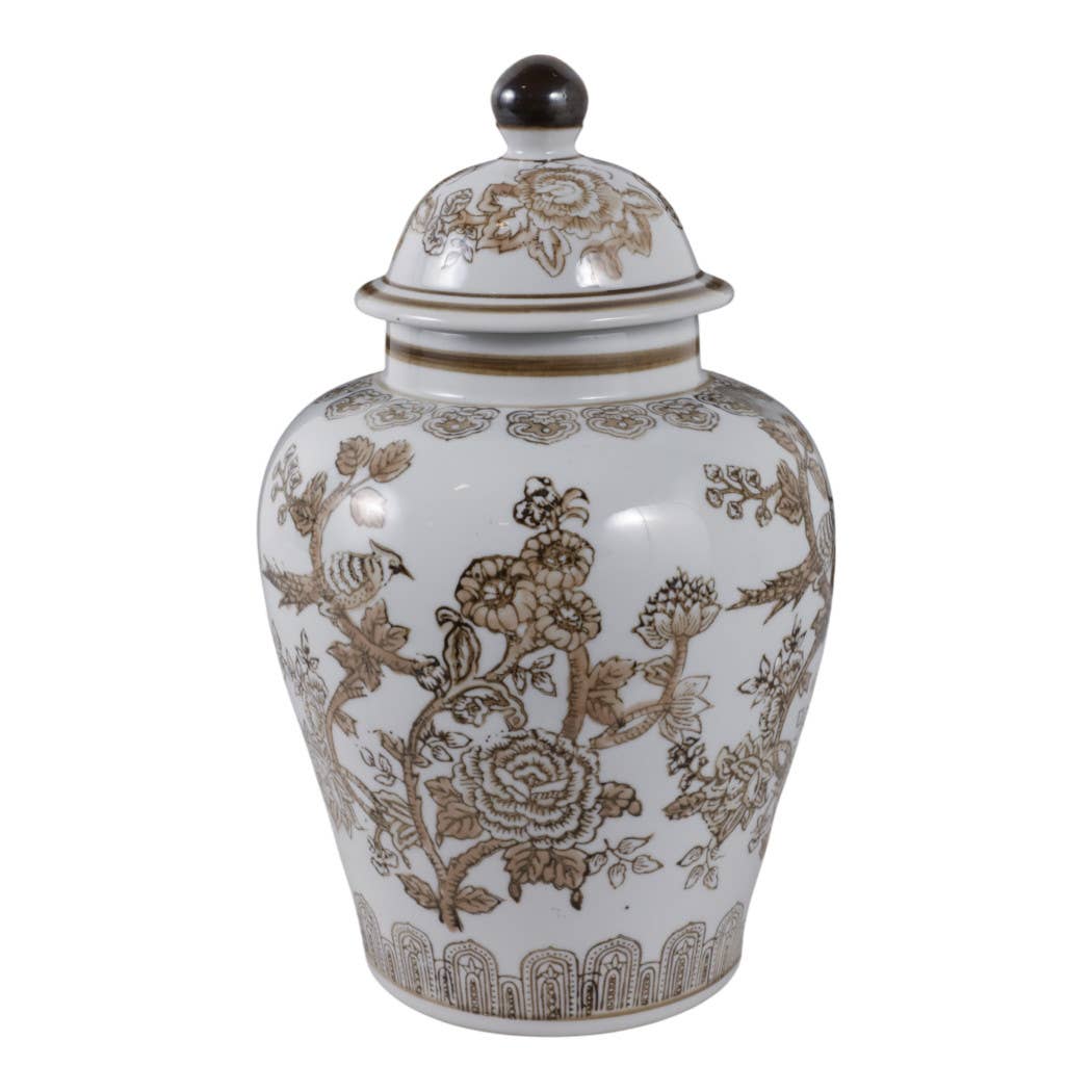 Brown/White Ceramic Chinoiserie Bird Vase, 12 in
